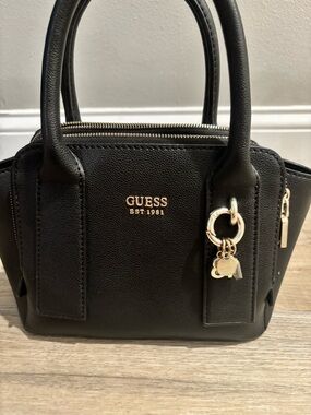 GUESS Black Small Pebbled Satchel with Gold Accents